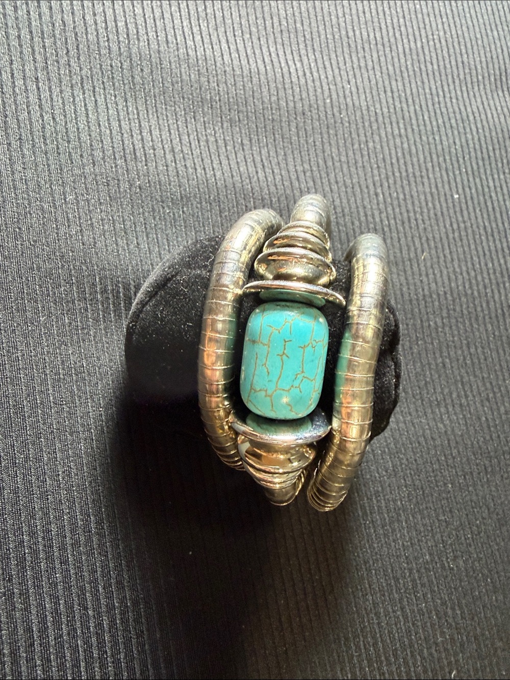 Turquoise Bead Coil-Style Bracelet with Antiqued Silver-Tone Accents